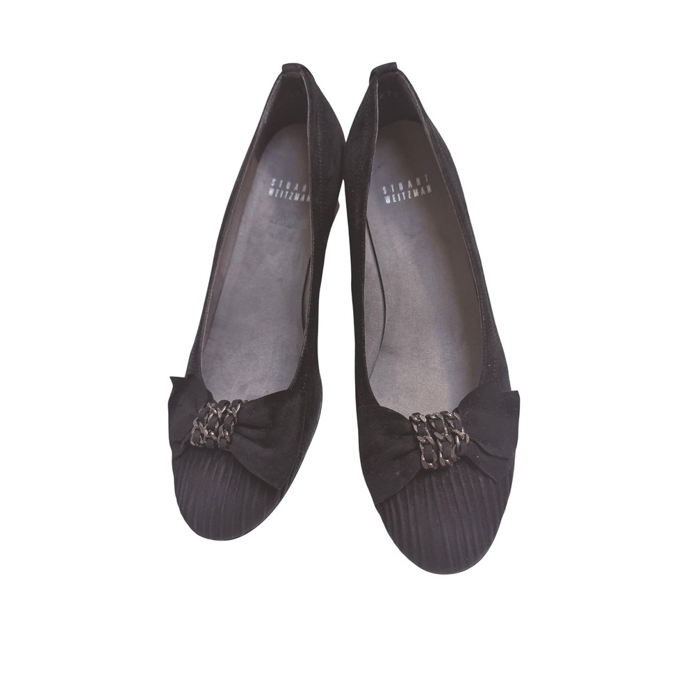 Stuart Weitzman Black Suede Bow Wedge Pumps Chain Detail Round Toe 8N